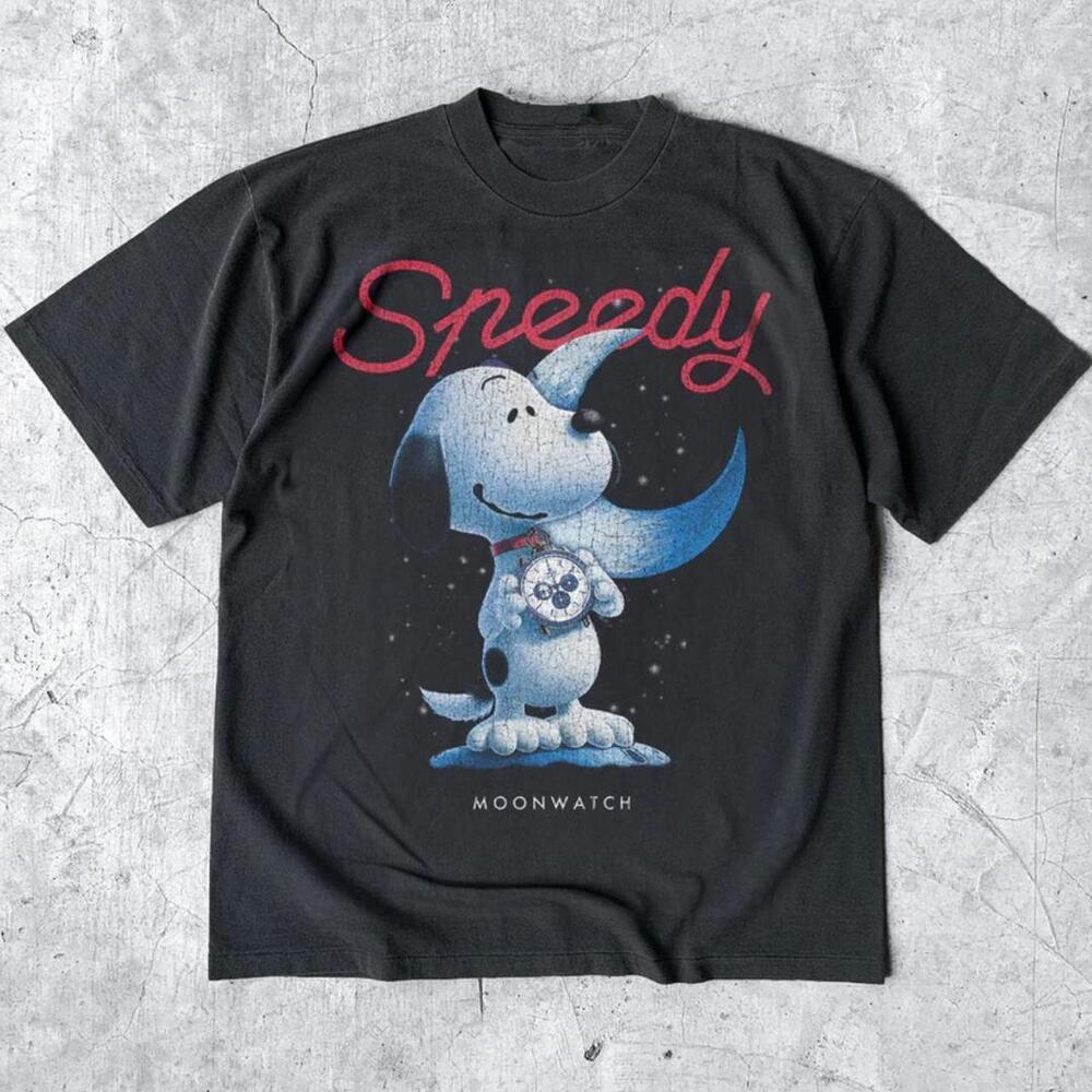 Gildan Black T-Shirt, Snoopy Speedy Moonwatch Black T-Shirt